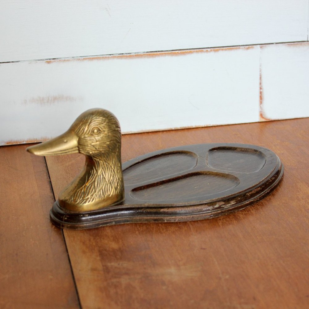 Vintage Wood and Brass Duck Tray
